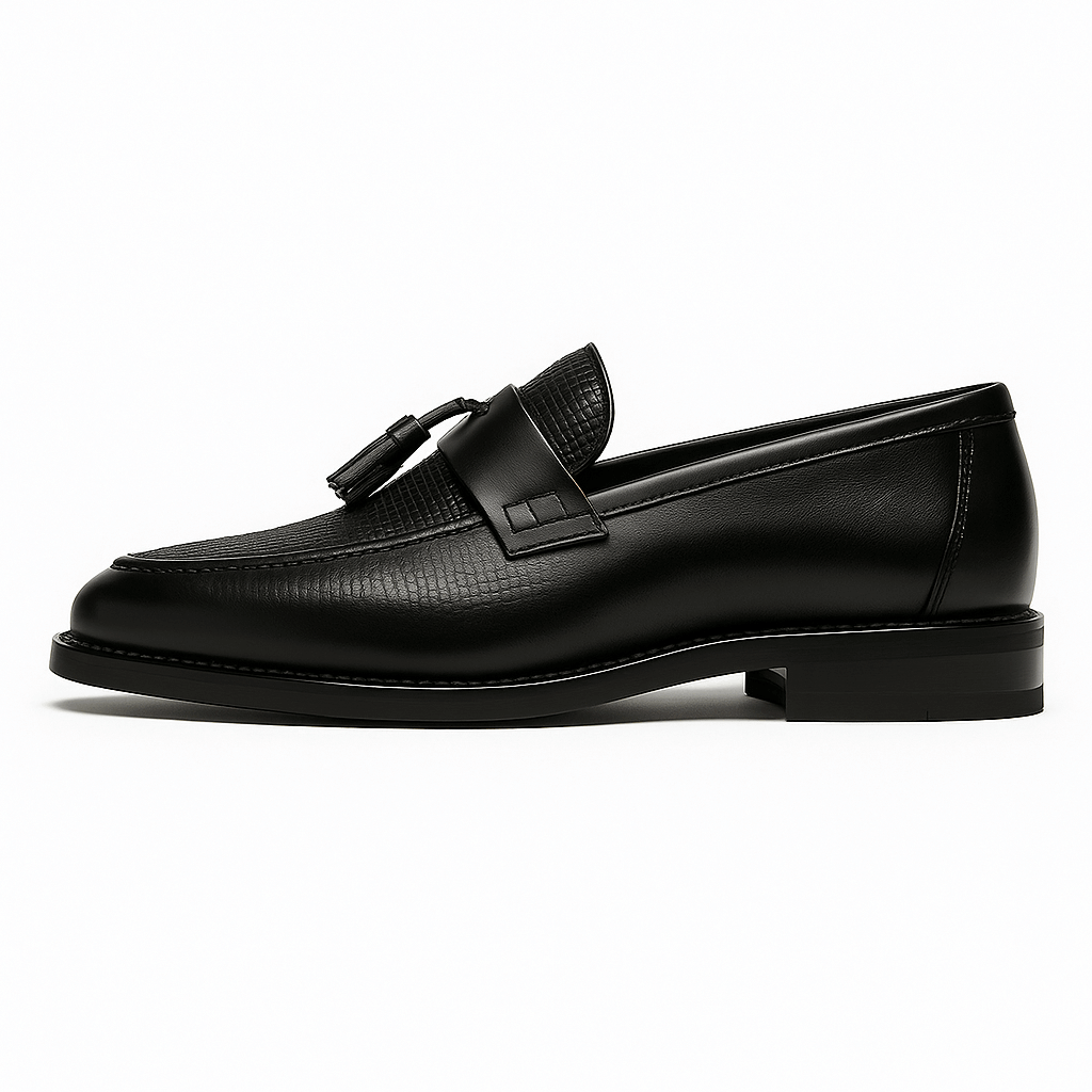 Elegant Black Leather Tassel Loafer for Women with Woven Textured Round Toe Slip On Style