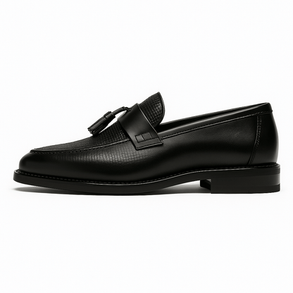 Elegant Black Leather Tassel Loafer for Women with Woven Textured Round Toe Slip On Style