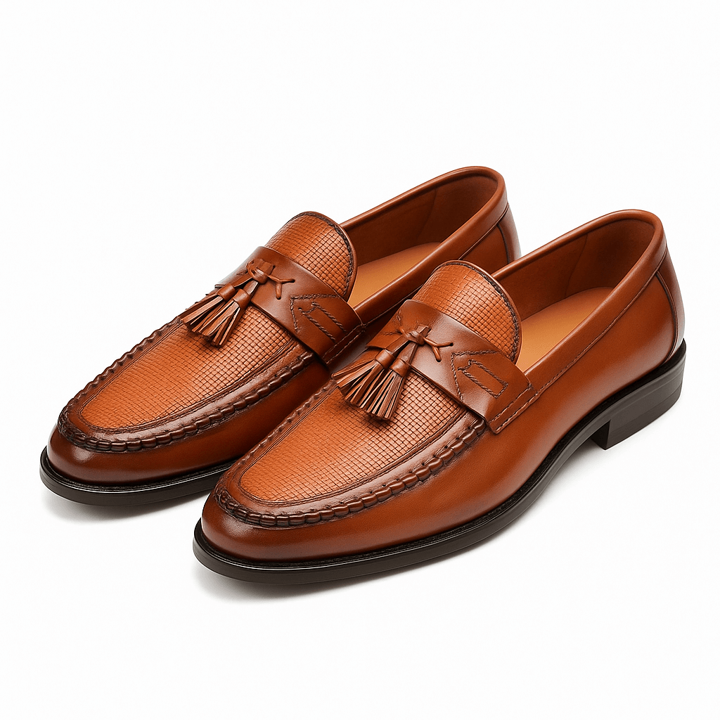 Elegant Black Leather Tassel Loafer for Women with Woven Textured Round Toe Slip On Style