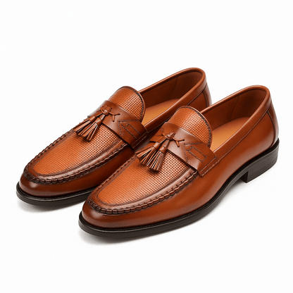 Elegant Black Leather Tassel Loafer for Women with Woven Textured Round Toe Slip On Style