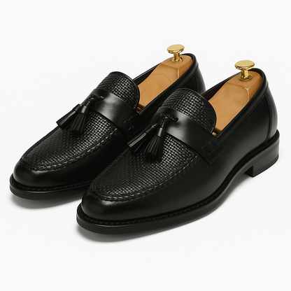 Elegant Black Leather Tassel Loafer for Women with Woven Textured Round Toe Slip On Style