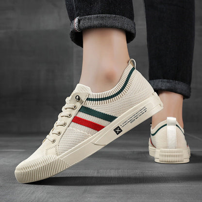 Effortless Knit Fashion Sneaker for Women with Lace Up Low Top Striped Trim Casual Style