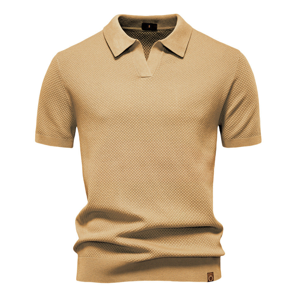 Effortless Textured Knit Polo Sweater for Women with V Neck Short Sleeve Ribbed Cuff Casual Style