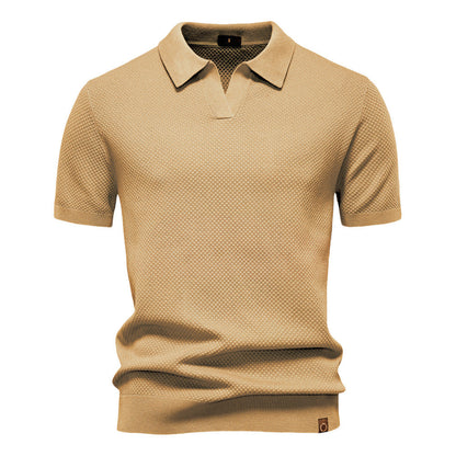 Effortless Textured Knit Polo Sweater for Women with V Neck Short Sleeve Ribbed Cuff Casual Style