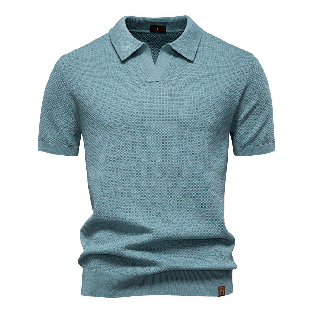 Effortless Textured Knit Polo Sweater for Women with V Neck Short Sleeve Ribbed Cuff Casual Style