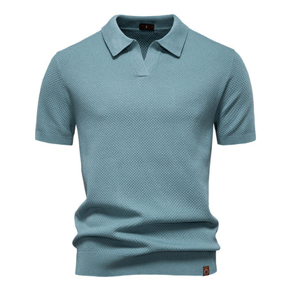 Effortless Textured Knit Polo Sweater for Women with V Neck Short Sleeve Ribbed Cuff Casual Style