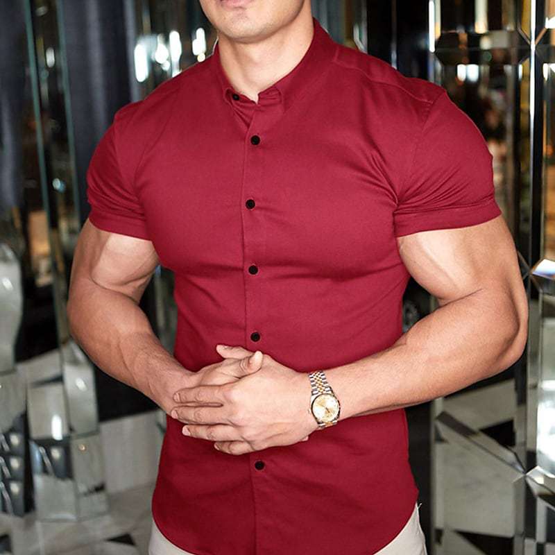 Effortless Stretch Muscle Shirt for Women with Point Collar Short Sleeve Slim Fit Button Front Casual Style