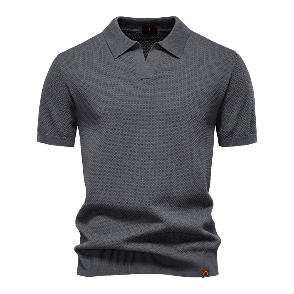 Effortless Textured Knit Polo Sweater for Women with V Neck Short Sleeve Ribbed Cuff Casual Style