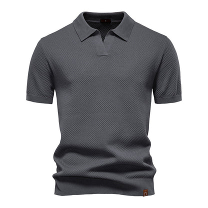 Effortless Textured Knit Polo Sweater for Women with V Neck Short Sleeve Ribbed Cuff Casual Style