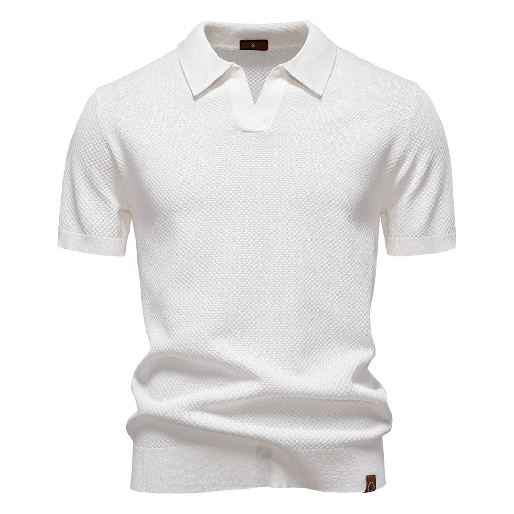 Effortless Textured Knit Polo Sweater for Women with V Neck Short Sleeve Ribbed Cuff Casual Style
