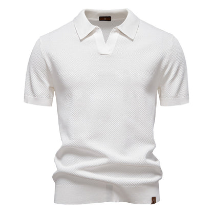 Effortless Textured Knit Polo Sweater for Women with V Neck Short Sleeve Ribbed Cuff Casual Style