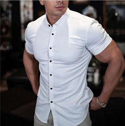 Effortless Stretch Muscle Shirt for Women with Point Collar Short Sleeve Slim Fit Button Front Casual Style