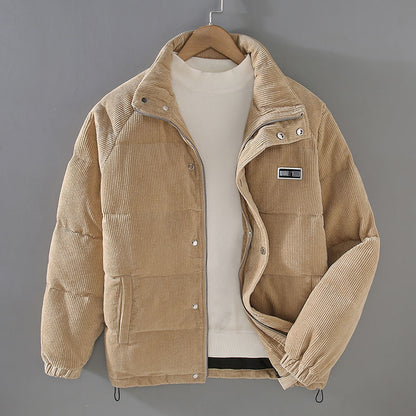 Effortless Corduroy Puffer Jacket for Women with Stand Collar Long Sleeve Snap Button Casual Style