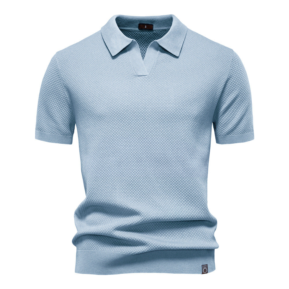 Effortless Textured Knit Polo Sweater for Women with V Neck Short Sleeve Ribbed Cuff Casual Style