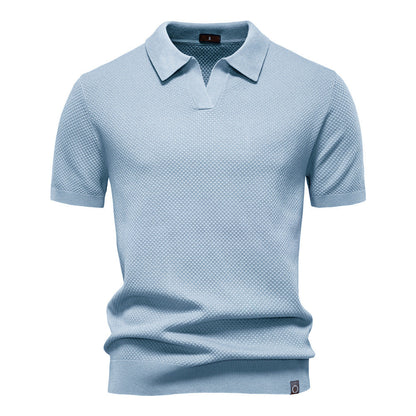 Effortless Textured Knit Polo Sweater for Women with V Neck Short Sleeve Ribbed Cuff Casual Style