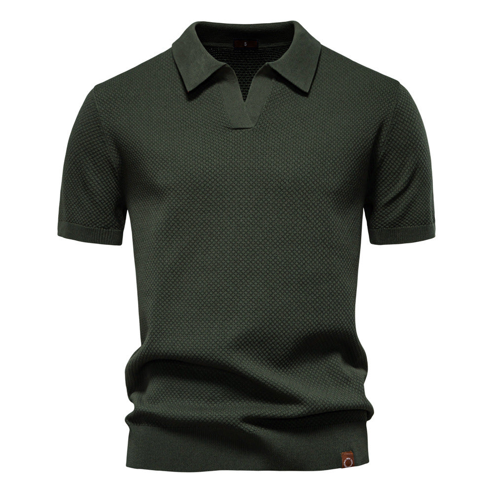 Effortless Textured Knit Polo Sweater for Women with V Neck Short Sleeve Ribbed Cuff Casual Style