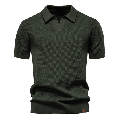 Effortless Textured Knit Polo Sweater for Women with V Neck Short Sleeve Ribbed Cuff Casual Style