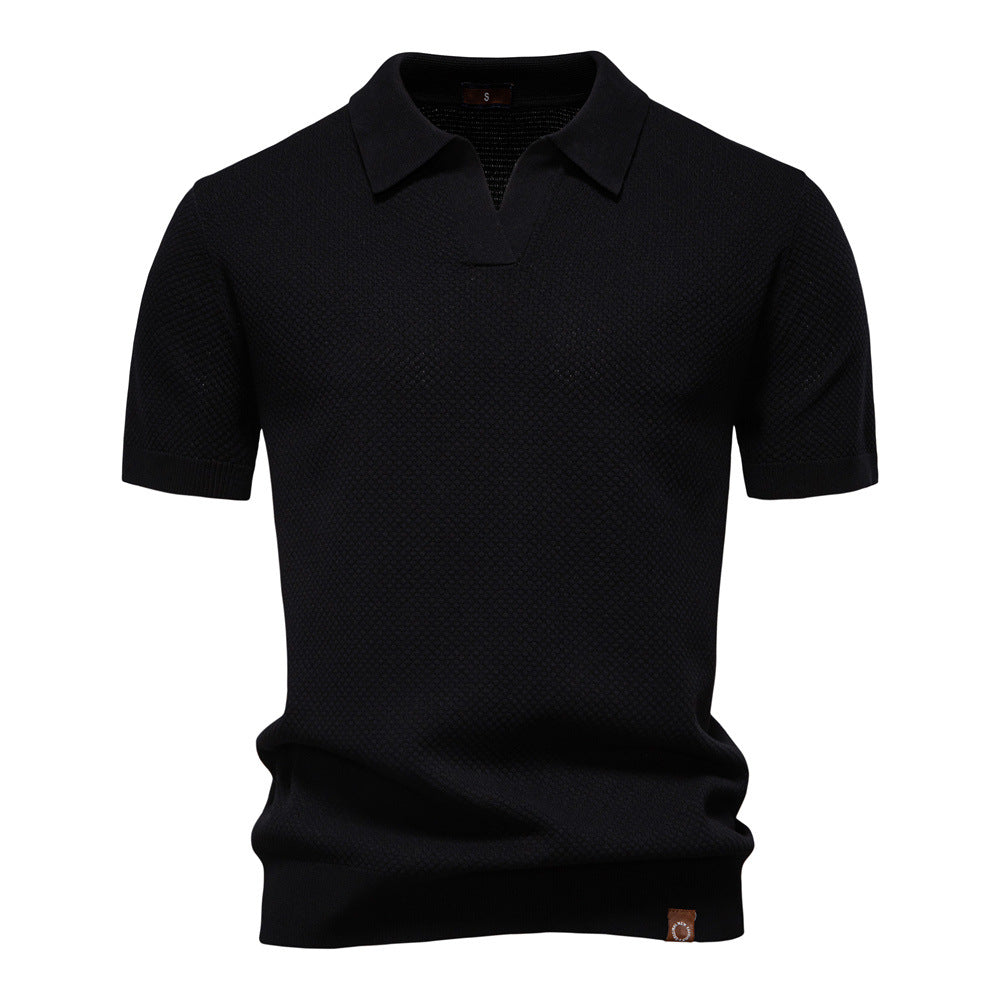 Effortless Textured Knit Polo Sweater for Women with V Neck Short Sleeve Ribbed Cuff Casual Style