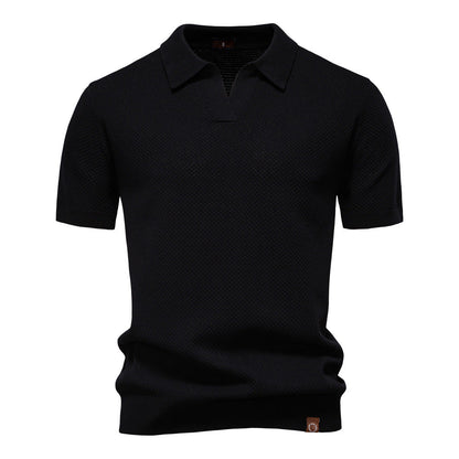 Effortless Textured Knit Polo Sweater for Women with V Neck Short Sleeve Ribbed Cuff Casual Style