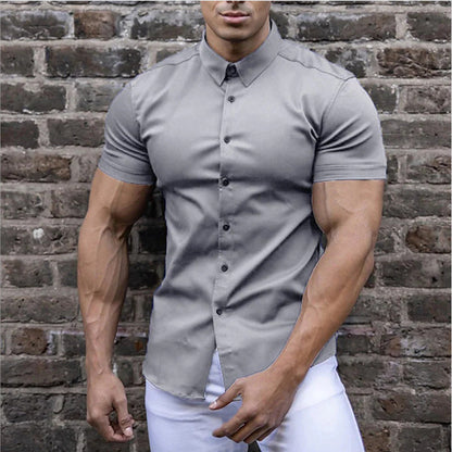 Effortless Stretch Muscle Shirt for Women with Point Collar Short Sleeve Slim Fit Button Front Casual Style