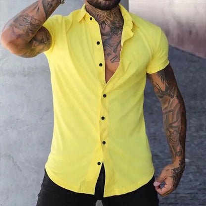 Effortless Stretch Muscle Shirt for Women with Point Collar Short Sleeve Slim Fit Button Front Casual Style