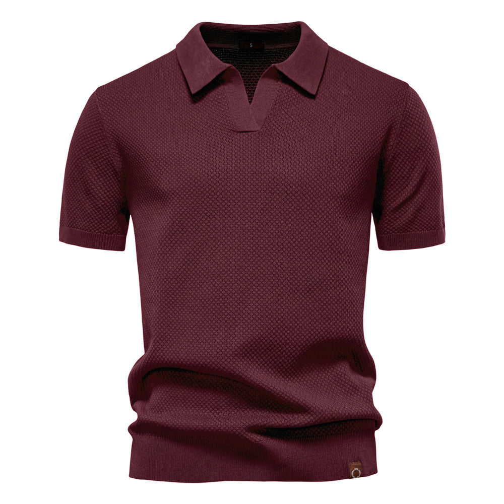 Effortless Textured Knit Polo Sweater for Women with V Neck Short Sleeve Ribbed Cuff Casual Style