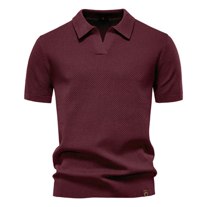 Effortless Textured Knit Polo Sweater for Women with V Neck Short Sleeve Ribbed Cuff Casual Style