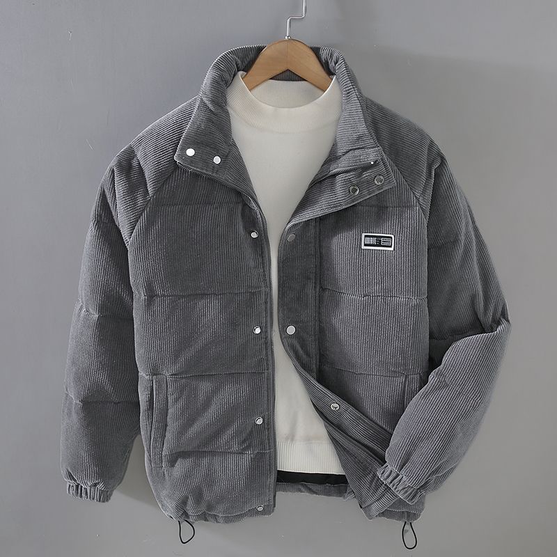 Effortless Corduroy Puffer Jacket for Women with Stand Collar Long Sleeve Snap Button Casual Style
