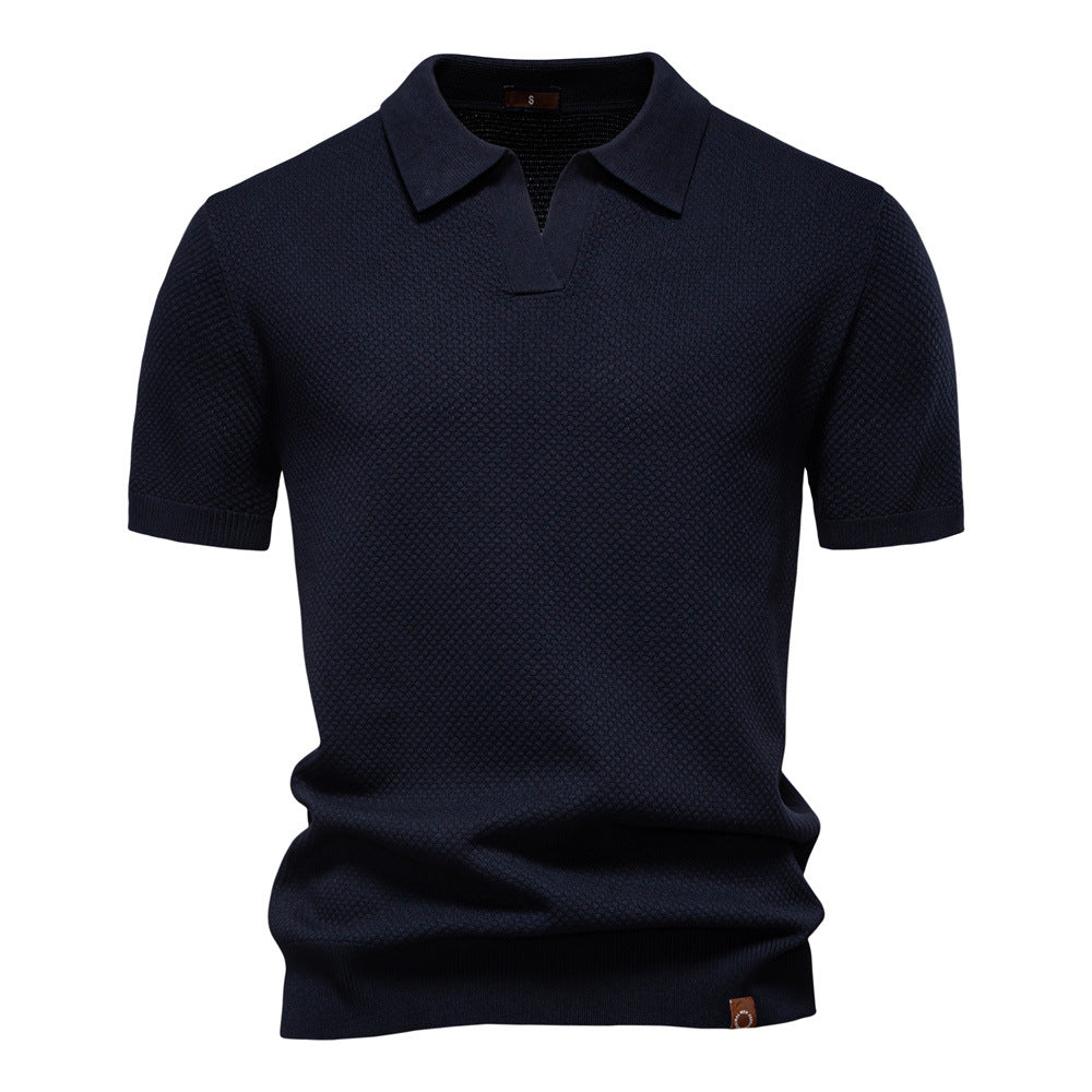 Effortless Textured Knit Polo Sweater for Women with V Neck Short Sleeve Ribbed Cuff Casual Style