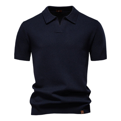 Effortless Textured Knit Polo Sweater for Women with V Neck Short Sleeve Ribbed Cuff Casual Style