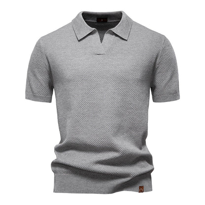 Effortless Textured Knit Polo Sweater for Women with V Neck Short Sleeve Ribbed Cuff Casual Style