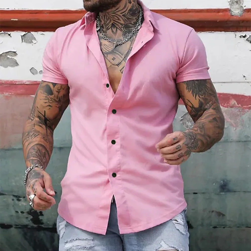 Effortless Stretch Muscle Shirt for Women with Point Collar Short Sleeve Slim Fit Button Front Casual Style
