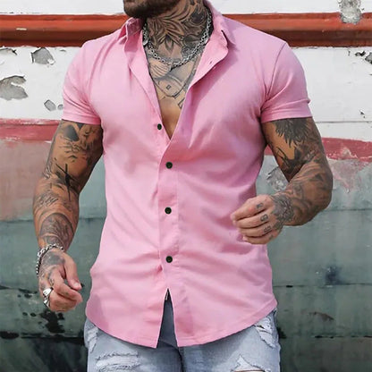 Effortless Stretch Muscle Shirt for Women with Point Collar Short Sleeve Slim Fit Button Front Casual Style