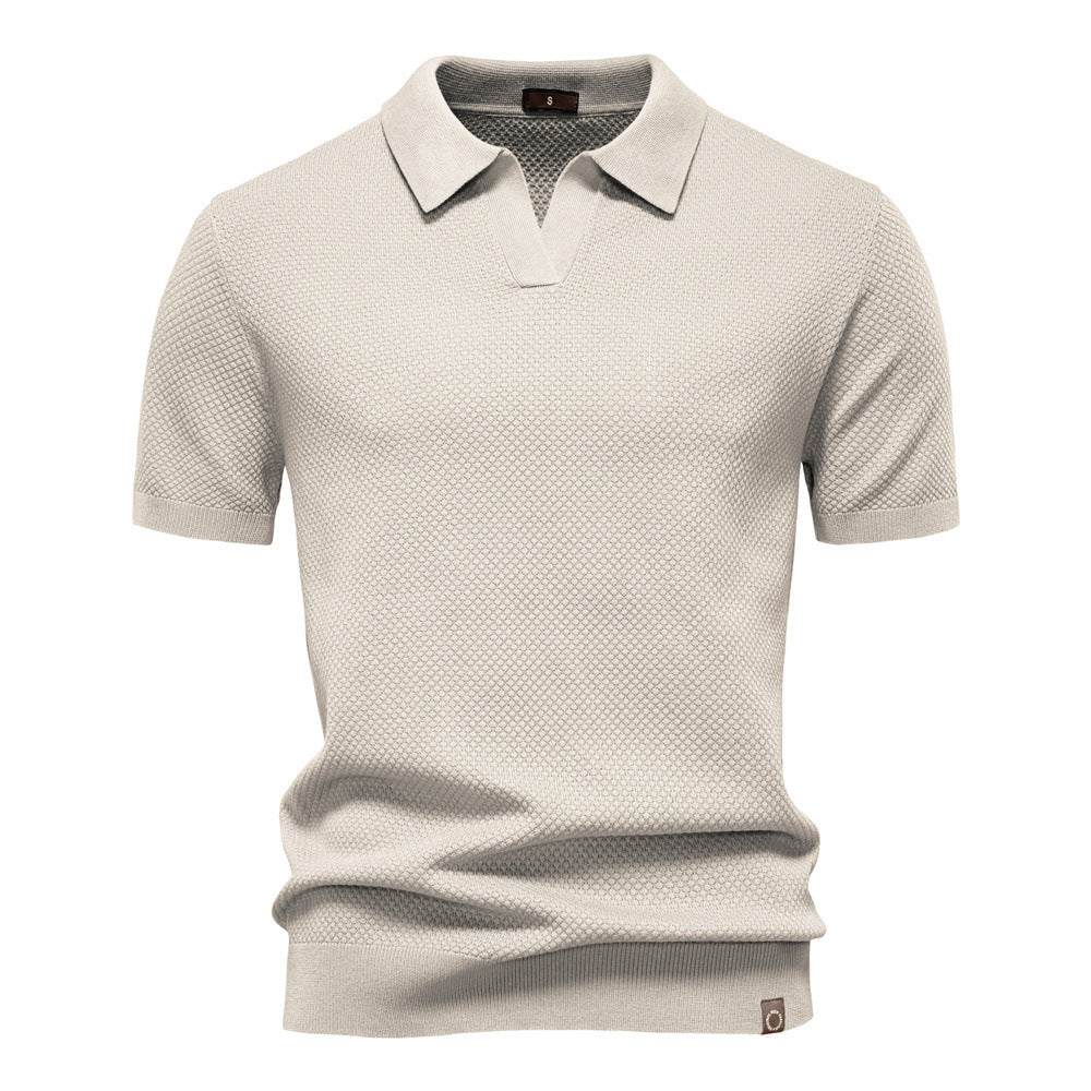Effortless Textured Knit Polo Sweater for Women with V Neck Short Sleeve Ribbed Cuff Casual Style