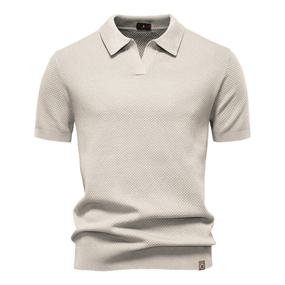 Effortless Textured Knit Polo Sweater for Women with V Neck Short Sleeve Ribbed Cuff Casual Style