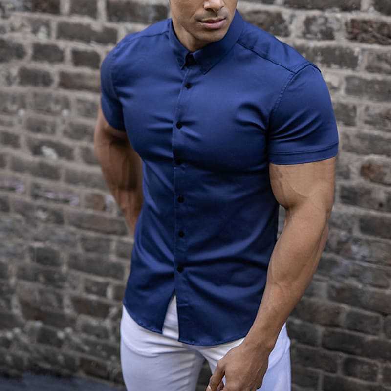 Effortless Stretch Muscle Shirt for Women with Point Collar Short Sleeve Slim Fit Button Front Casual Style