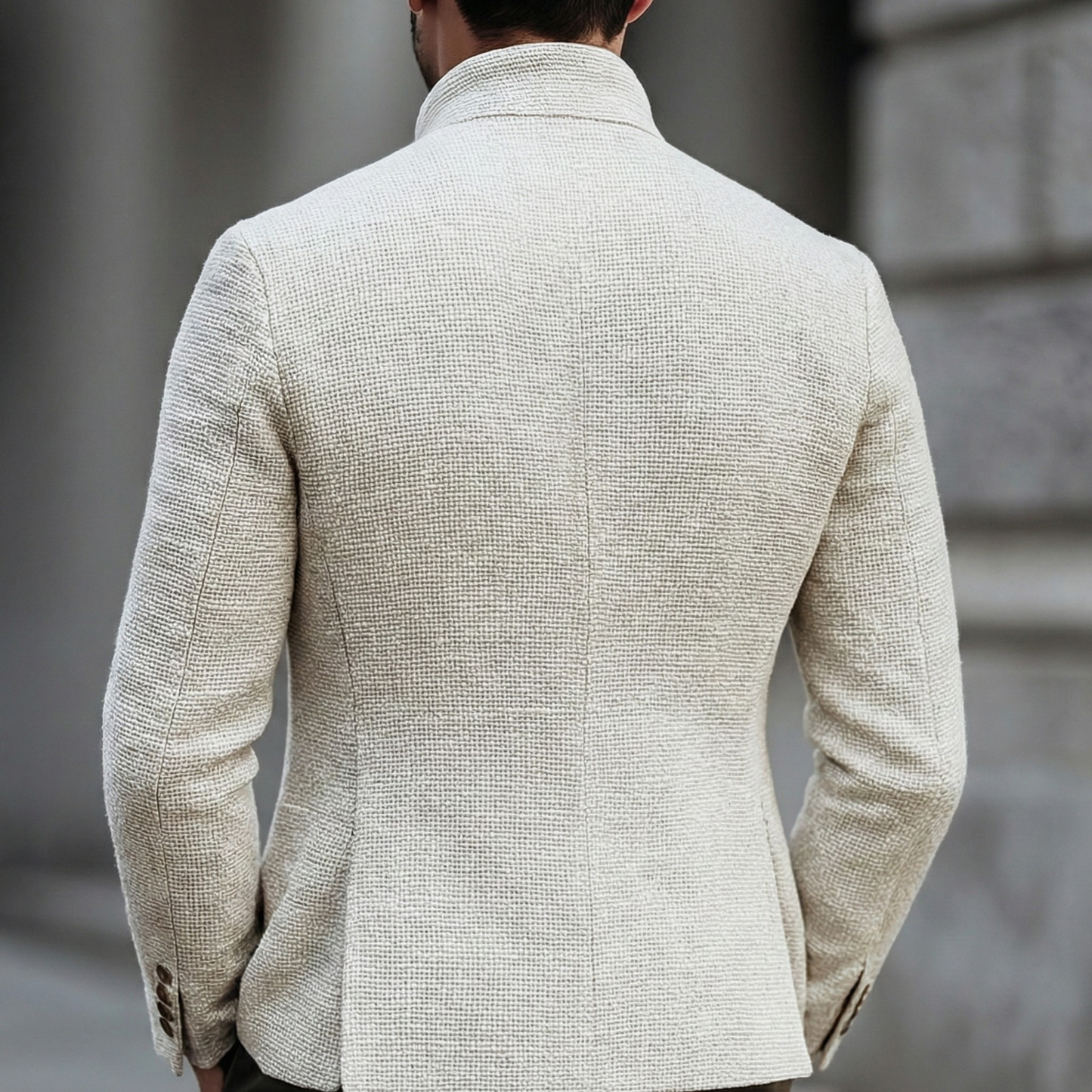 Elegant White Tweed Blazer for Women with Stand Collar Long Sleeve Button Front Tailored Style