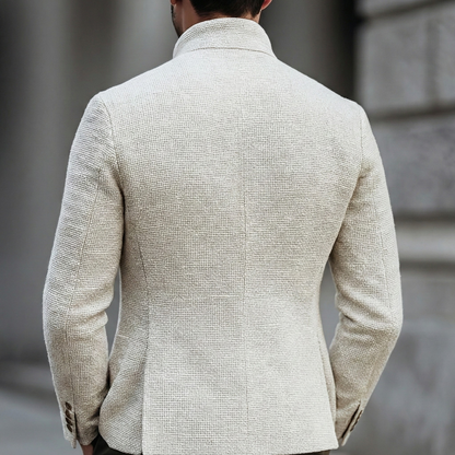 Elegant White Tweed Blazer for Women with Stand Collar Long Sleeve Button Front Tailored Style
