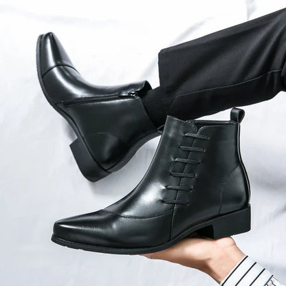 Stylish Leather Ankle Boot for Women with Pointed Toe Side Zip Lace Up Detail Casual Style