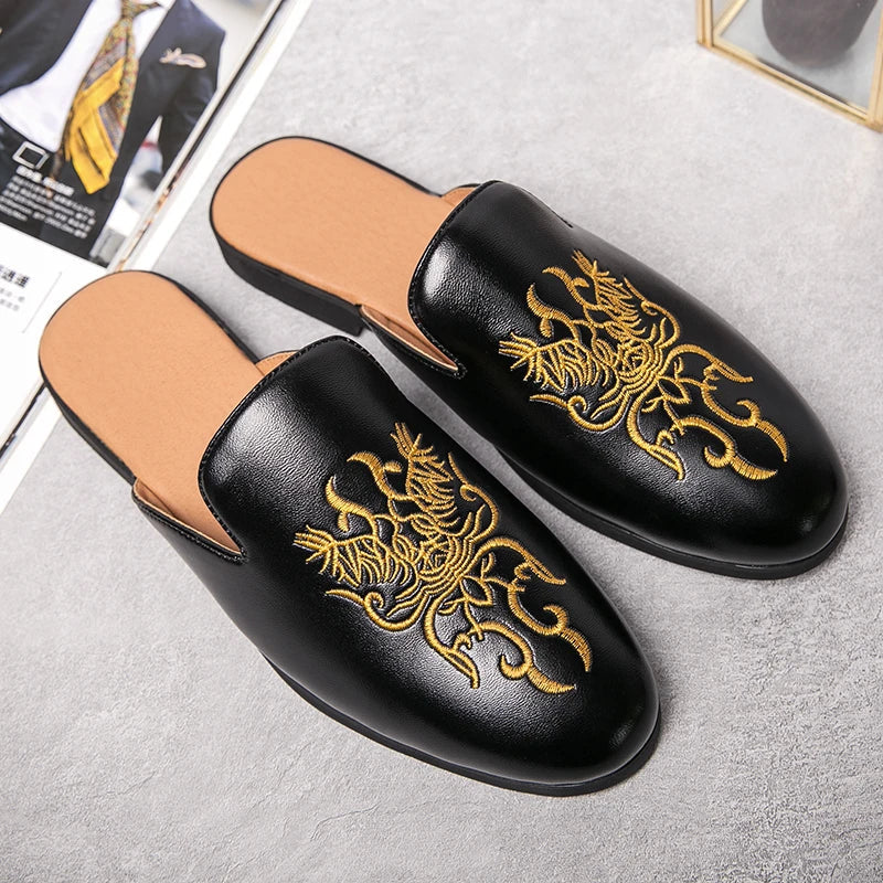 Elegant Embroidered Mule Loafer for Women with Round Toe Backless Slip On Casual Style
