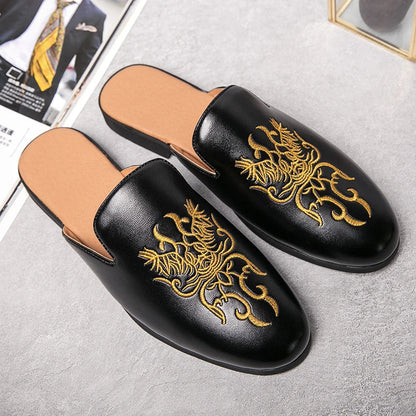 Elegant Embroidered Mule Loafer for Women with Round Toe Backless Slip On Casual Style
