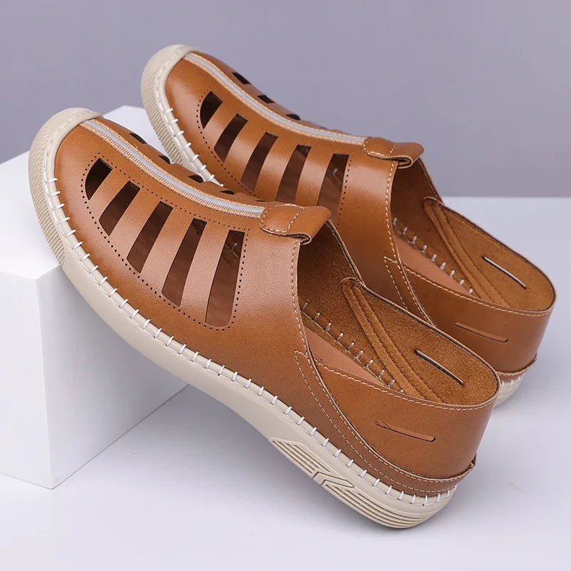 Effortless Leather Fisherman Sandal for Women with Cutout Vamp Slip On Stitched Sole Casual Style