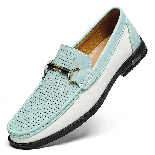 Effortless Perforated Leather Loafer for Women with Horsebit Buckle Color Block Slip On Casual Style