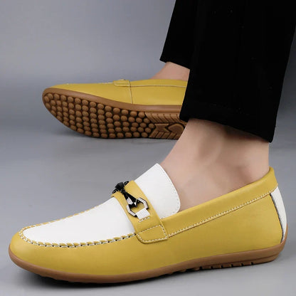 Comfortable Leather Loafers for Women with Chain Link Buckle Moc Toe Rubber Sole Casual Style