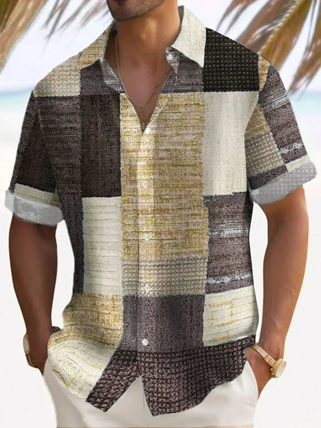 Effortless Patchwork Print Shirt for Women with Collared V Neck Short Sleeve Relaxed Button Front Casual Style