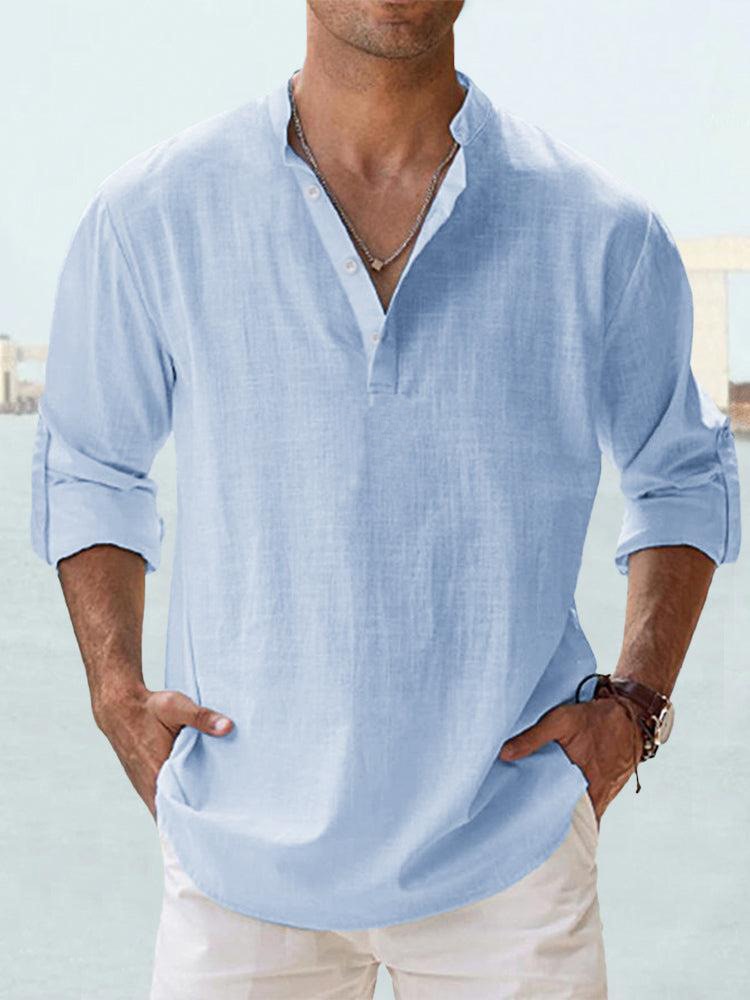 Effortless Linen Shirt for Women with Band Collar Long Sleeve Relaxed Button Placket Casual Style