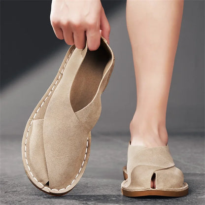 Effortless Suede Slip-On Sandals for Women with Closed Toe Cutout Side Flat Casual Style