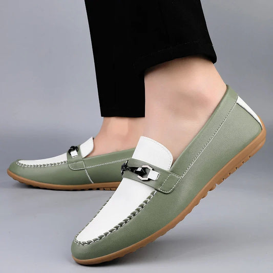 Comfortable Leather Loafers for Women with Chain Link Buckle Moc Toe Rubber Sole Casual Style
