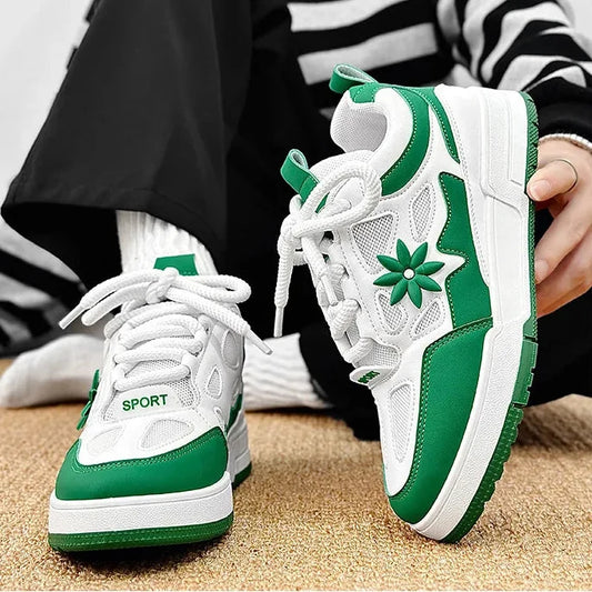 Stylish Mesh Panel Sneakers for Women with Lace Up Front Floral Applique Chunky Platform Style