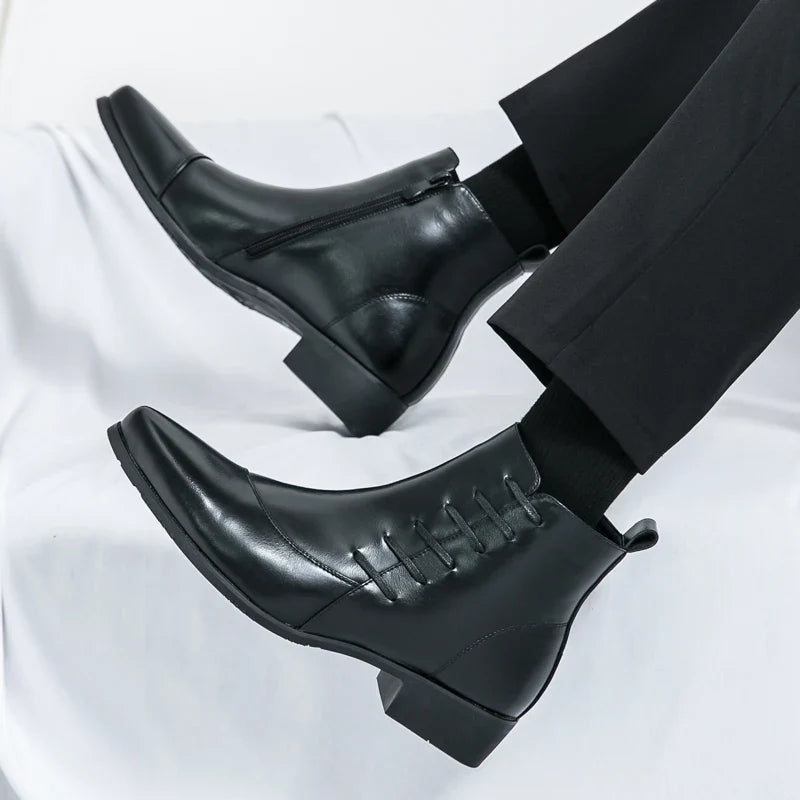 Stylish Leather Ankle Boot for Women with Pointed Toe Side Zip Lace Up Detail Casual Style